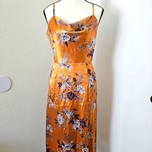 Floral Satin Slip Dress in Orange
